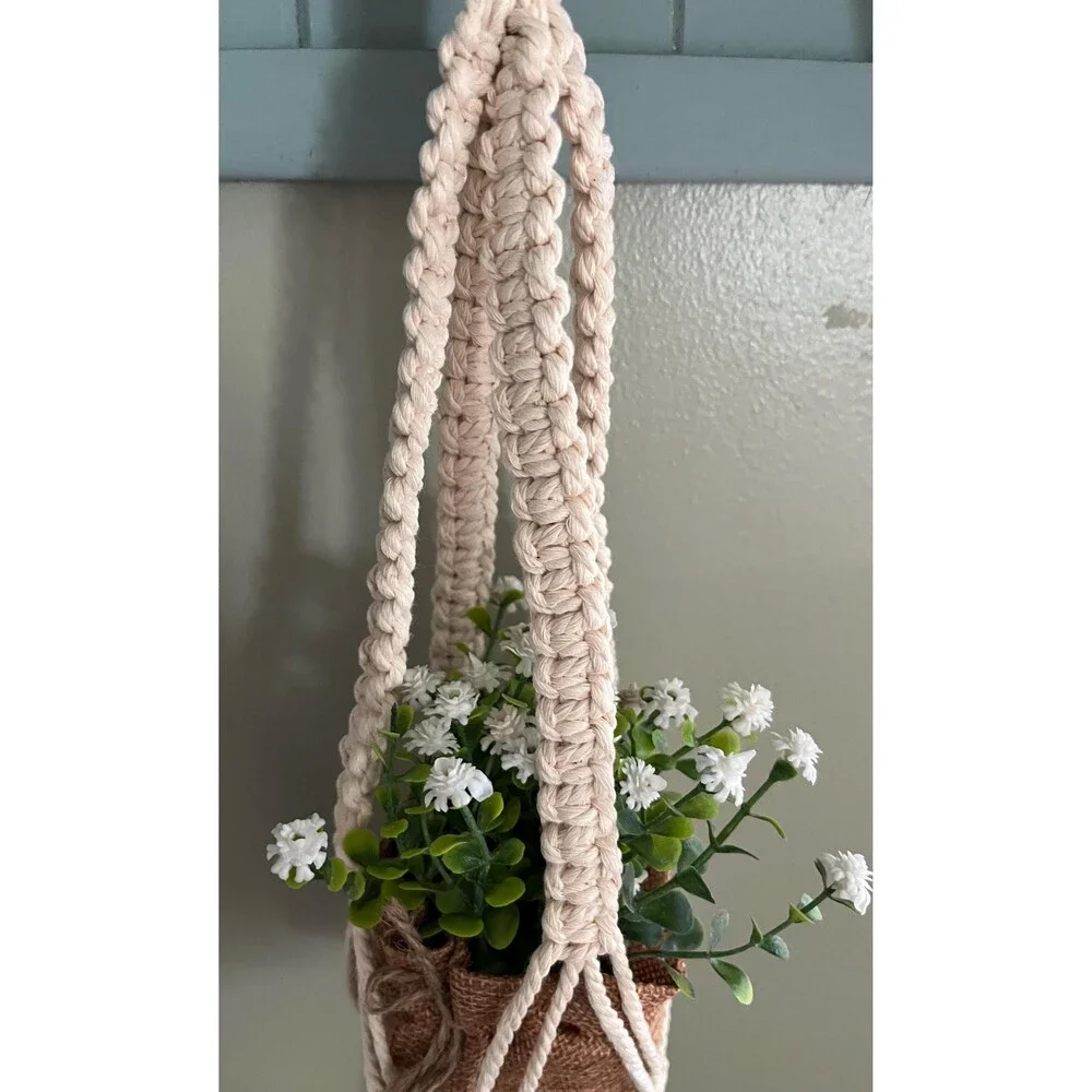 Handmade Macrame Plant Hanger with Artificial Baby’s Breath in Burlap Bag 16”